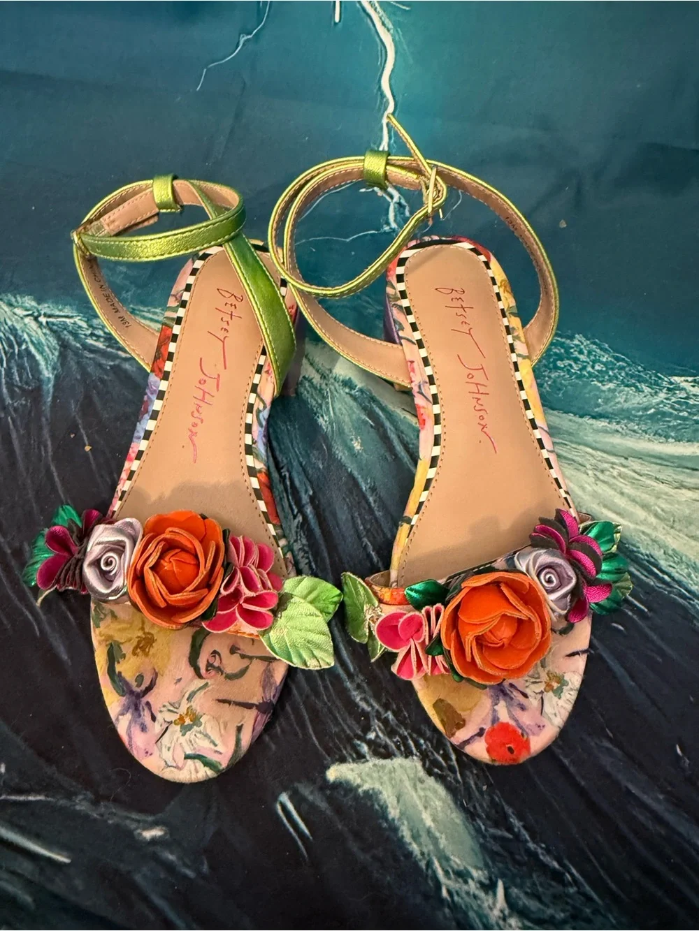 Betsey Johnson Green Ankle-Strap Sandals with Multicolor Floral Accents